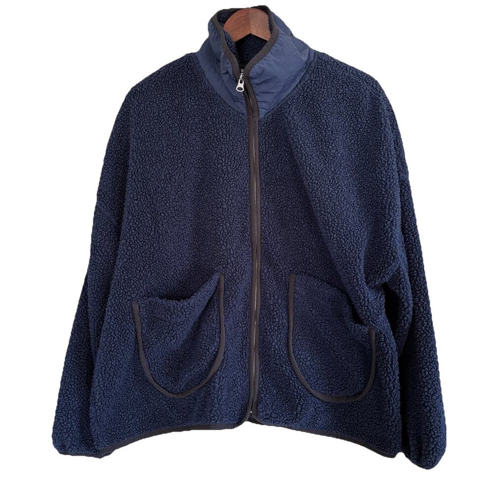 Free Assembly Navy Blue Patch Pocket Mixy Teddy Fleece Jacket Size XXL Cabincore